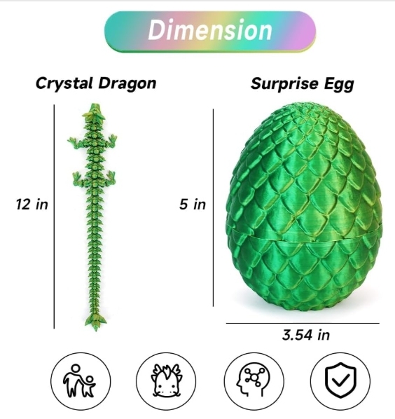 3D Printed Dragon Egg,Dragon Eggs with Dragon Inside,Crystal Dragon Fidget Toys,Full Articulated Dragon Dragon in Egg,Adults Fidget Toys for Autism ADHD (Laser Yellow Green-12inch)