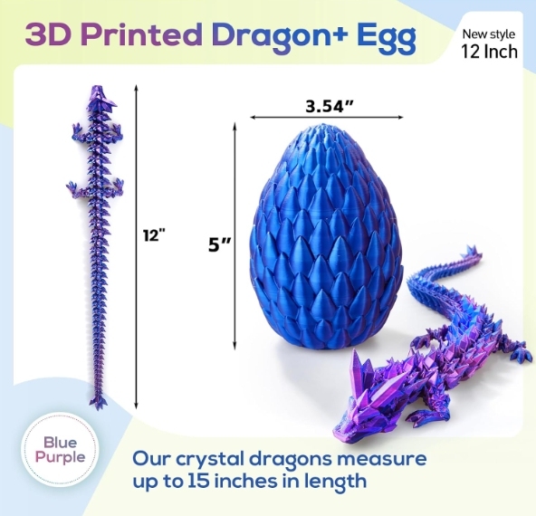 3D Printed Dragon,Dragon Eggs with Dragon Inside,Surprise Dragon Egg Toy,12'' Full Articulated Crystal 3D Dragon