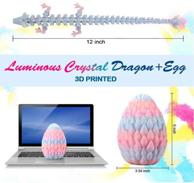 3D Printed Dragon,Dragon Eggs with Dragon Inside,Surprise Dragon Egg Toy,12'' Full Articulated Crystal 3D Dragon( Rainbow)