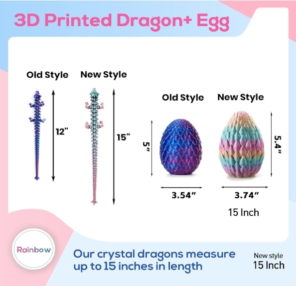 3D Printed Dragon,Dragon Eggs with Dragon Inside,Surprise Dragon Egg Toy,15'' Full Articulated Crystal 3D Dragon