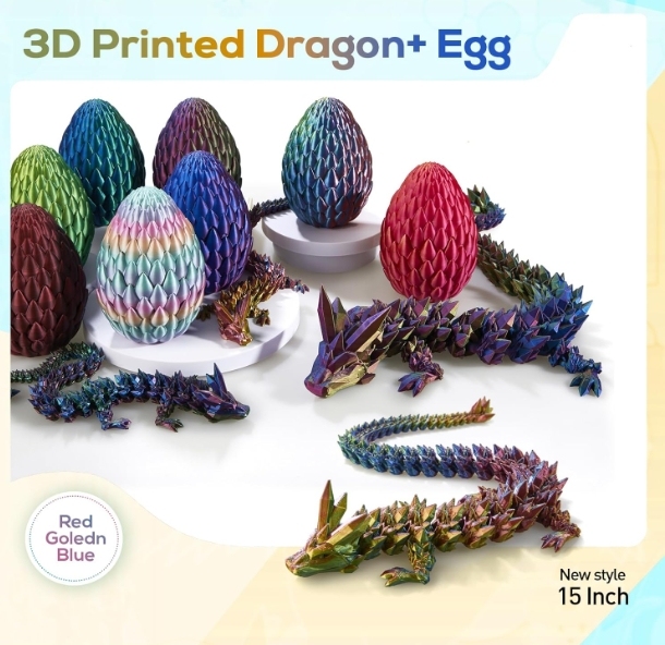 3D Printed Dragon,Dragon Eggs with Dragon Inside,Surprise Dragon Egg Toy,15'' Full Articulated Crystal 3D Dragonls（Red Yellow Blue）