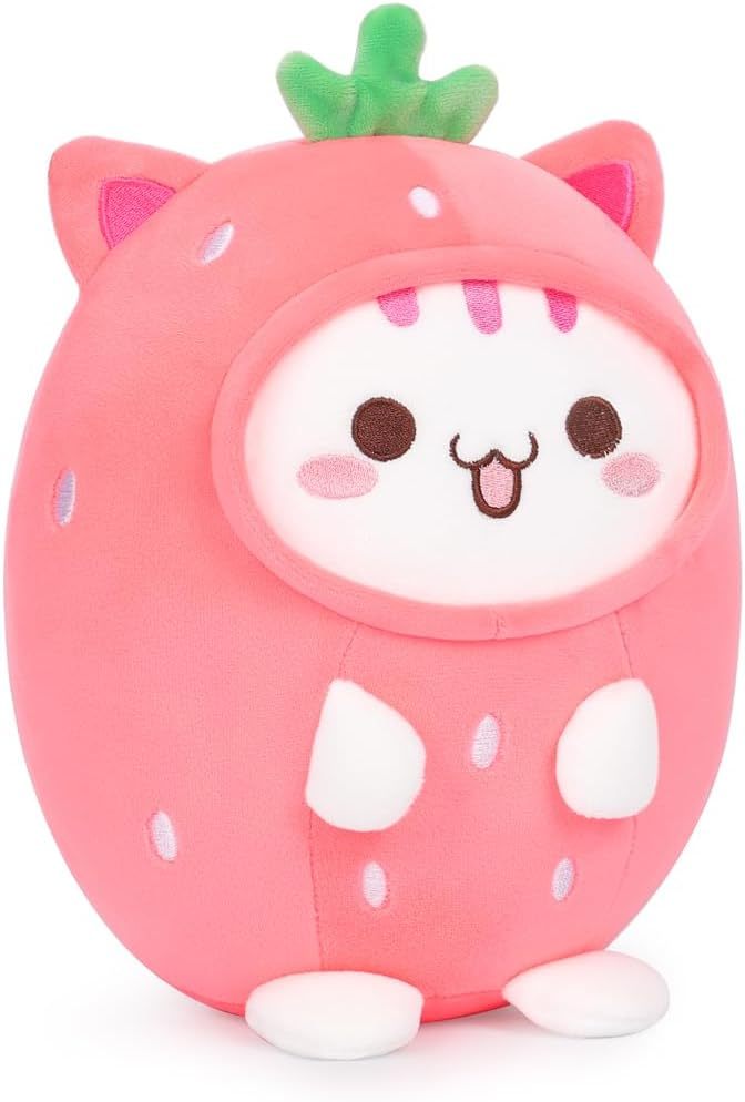 Cute Strawberry Cat Plush Pillow 8" Kitten Stuffed Animal