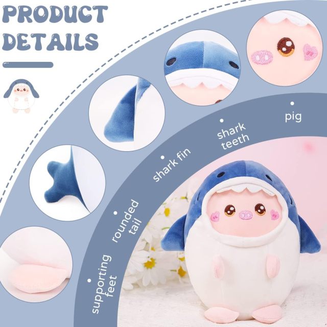 Cute Pig Shark Plush Pillow 8" Piggy Shark Stuffed Animal