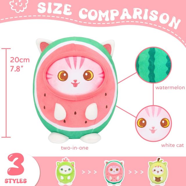 Cute Watermelon Cat Plush Pillow 8" Kitten Stuffed Animal