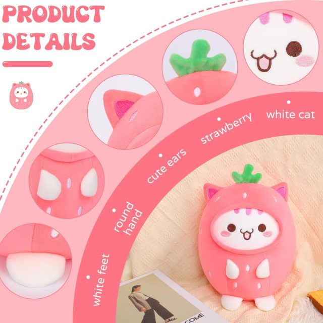 Cute Strawberry Cat Plush Pillow 8" Kitten Stuffed Animal