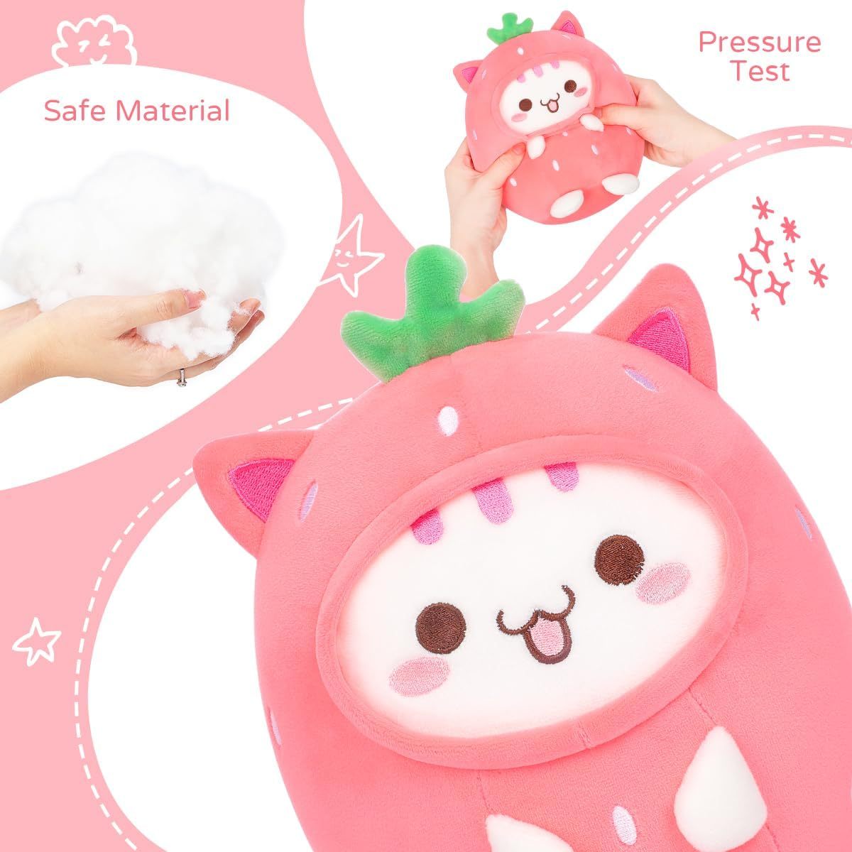 Cute Strawberry Cat Plush Pillow 8" Kitten Stuffed Animal