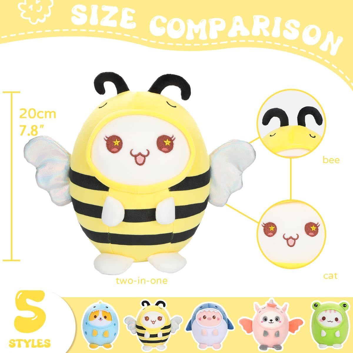 Cute Cat Bee Plush Pillow 8" Kitten Honeybee Stuffed Animal