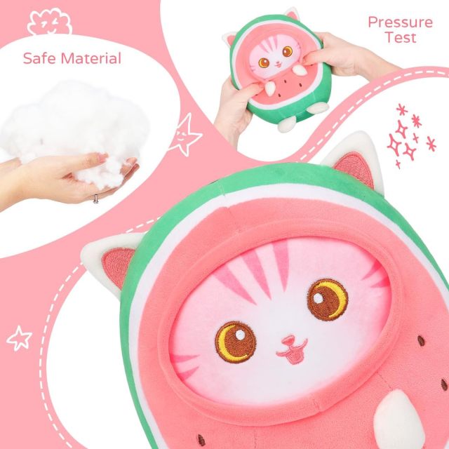 Cute Watermelon Cat Plush Pillow 8" Kitten Stuffed Animal