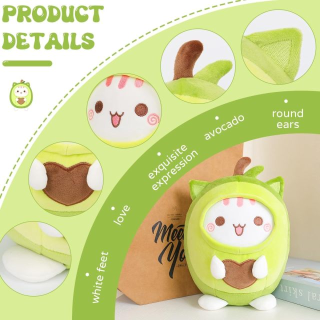 Cute Avocado Cat Plush Pillow 8" Kitten Stuffed Animal