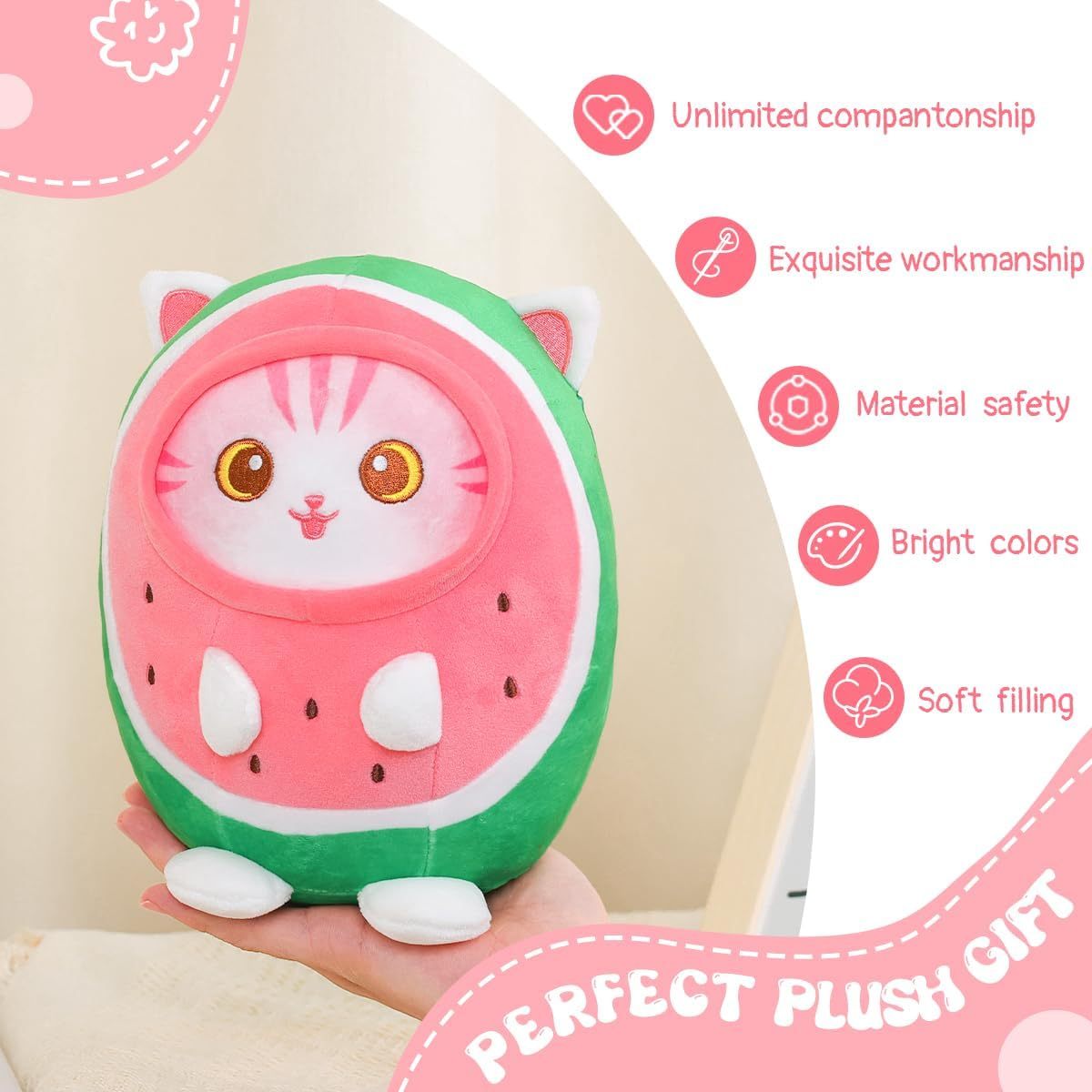 Cute Watermelon Cat Plush Pillow 8" Kitten Stuffed Animal