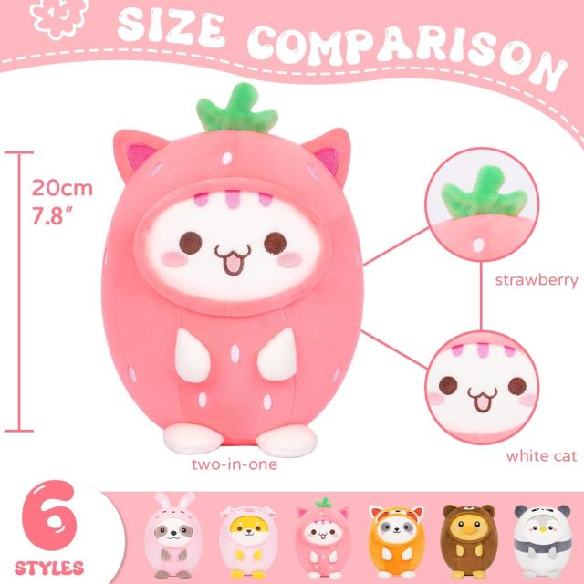 Cute Strawberry Cat Plush Pillow 8" Kitten Stuffed Animal