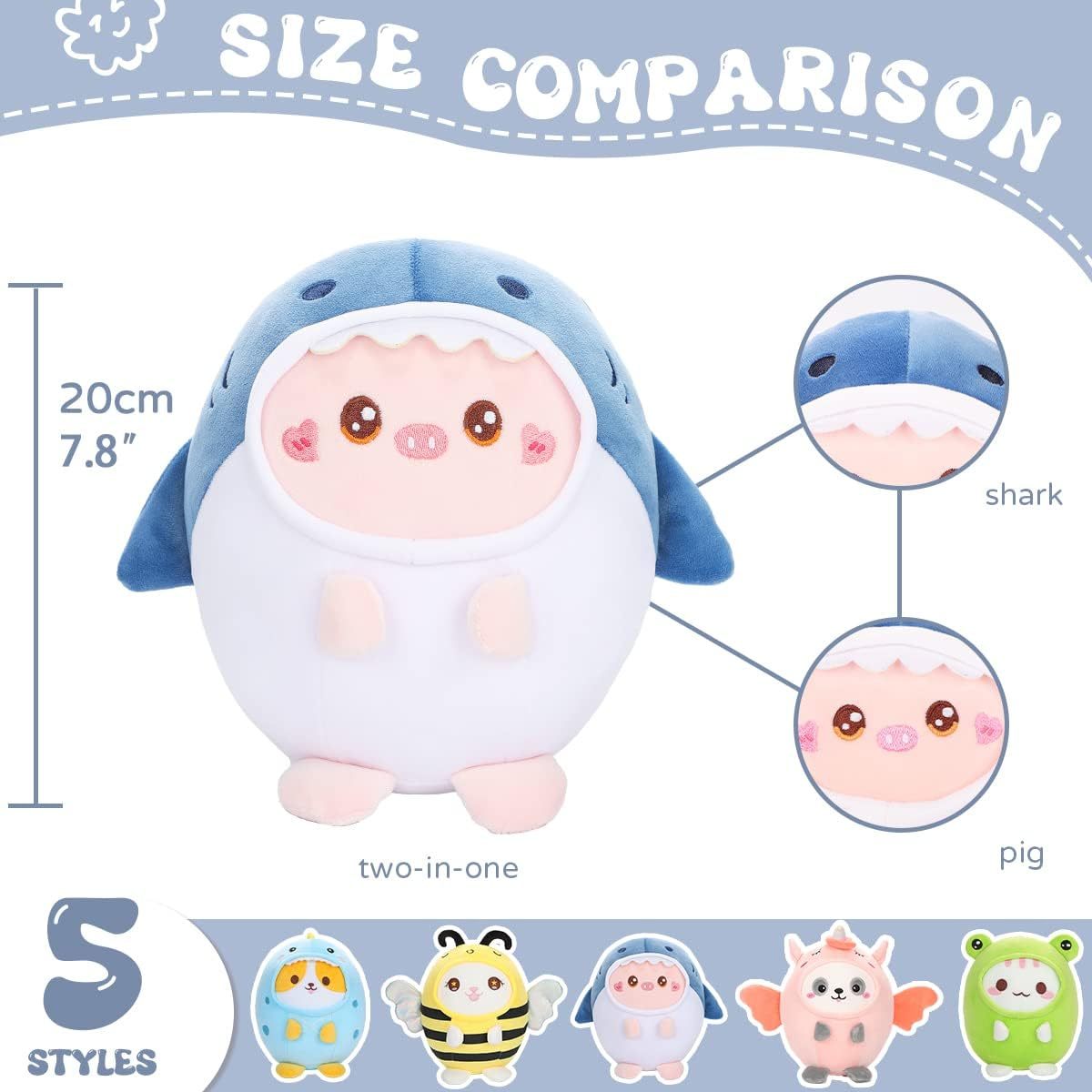 Cute Pig Shark Plush Pillow 8" Piggy Shark Stuffed Animal