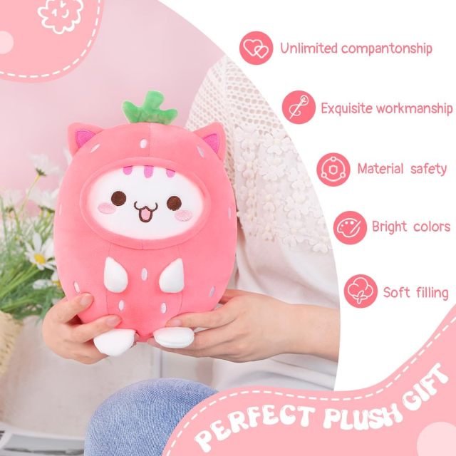 Cute Strawberry Cat Plush Pillow 8" Kitten Stuffed Animal