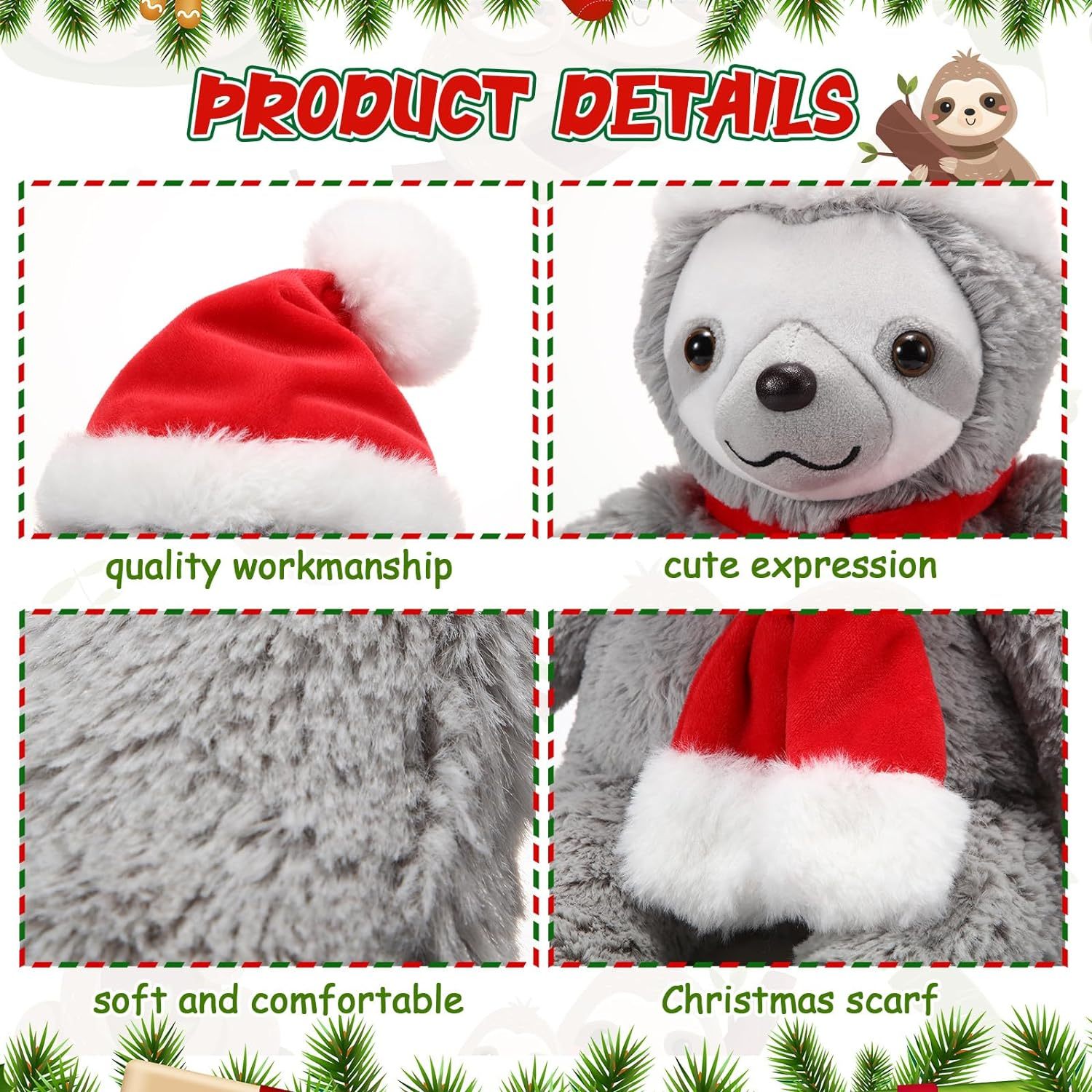 8 Inch Christmas Stuffed Animal Christmas Plush Doll- Sloth
