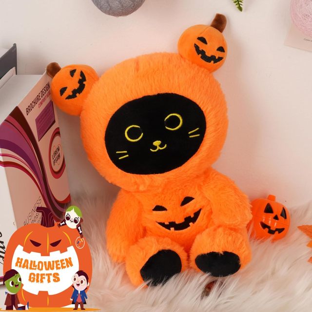10" Cute Black Cat Creative Scary Halloween Plushie Stuffed Cat Toy for Kids