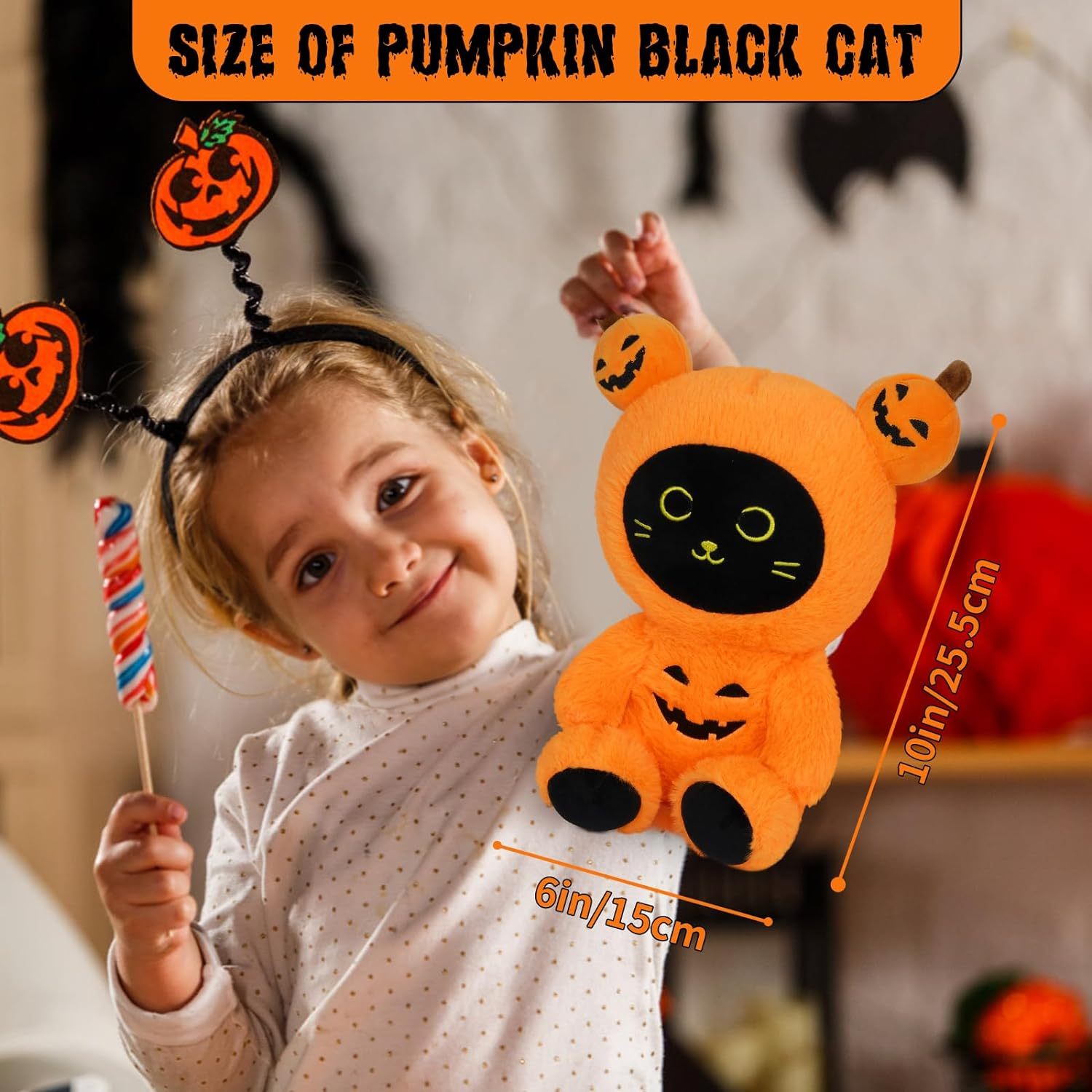 10" Cute Black Cat Creative Scary Halloween Plushie Stuffed Cat Toy for Kids