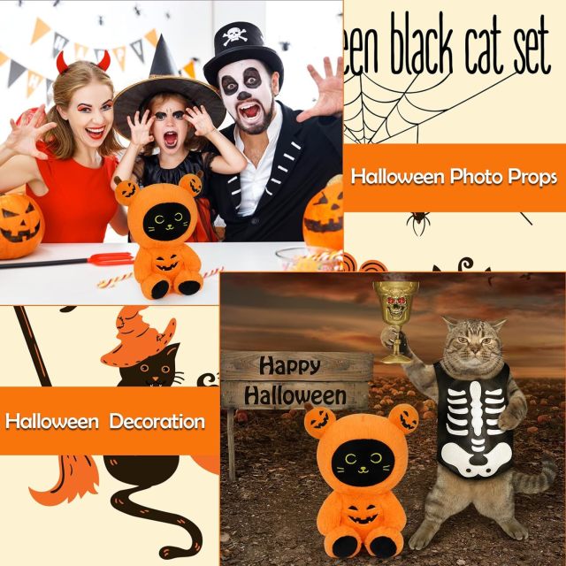 10" Cute Black Cat Creative Scary Halloween Plushie Stuffed Cat Toy for Kids