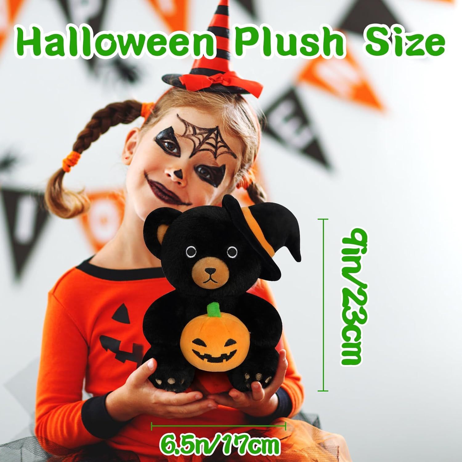 9" Cute Black Teddy Bear Plush with Halloween Pumpkin