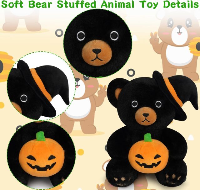 9" Cute Black Teddy Bear Plush with Halloween Pumpkin