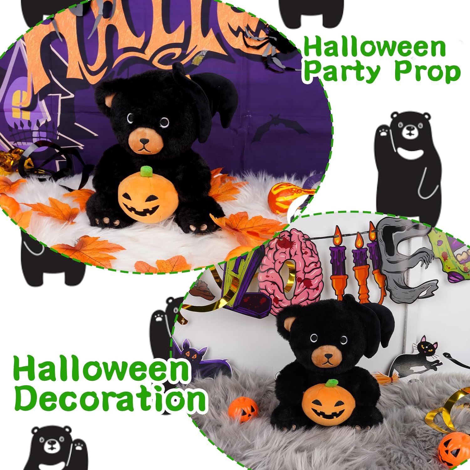 9" Cute Black Teddy Bear Plush with Halloween Pumpkin