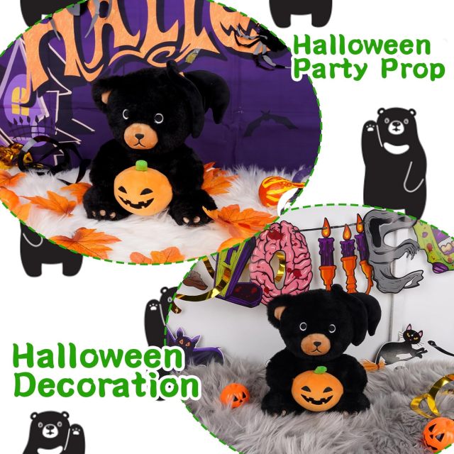 9" Cute Black Teddy Bear Plush with Halloween Pumpkin