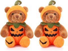 2 Pieces Halloween Theme Costume Cute Bear Plush Set 8 Inches (Pumpkin)