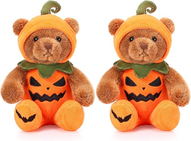 2 Pieces Halloween Theme Costume Cute Bear Plush Set 8 Inches (Pumpkin)