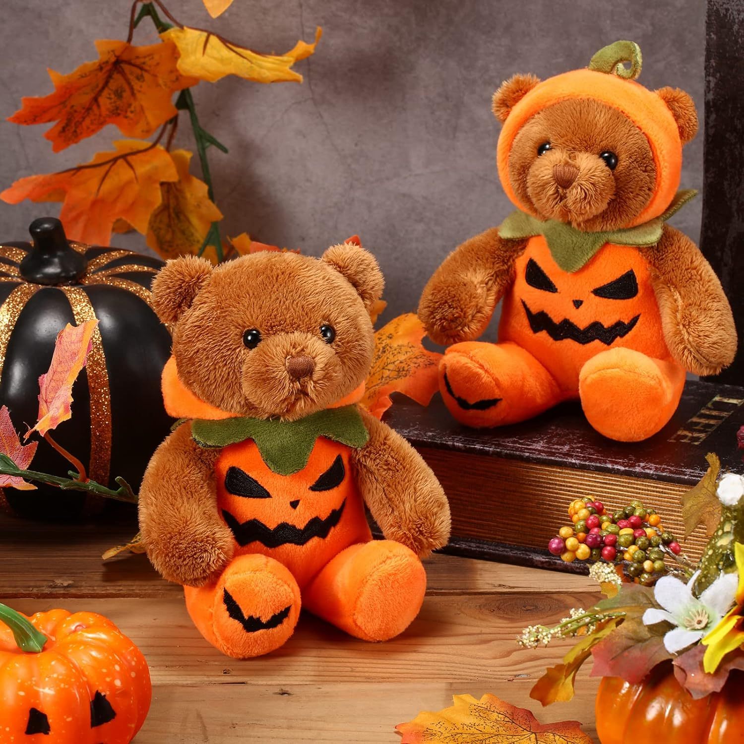 2 Pieces Halloween Theme Costume Cute Bear Plush Set 8 Inches (Pumpkin)