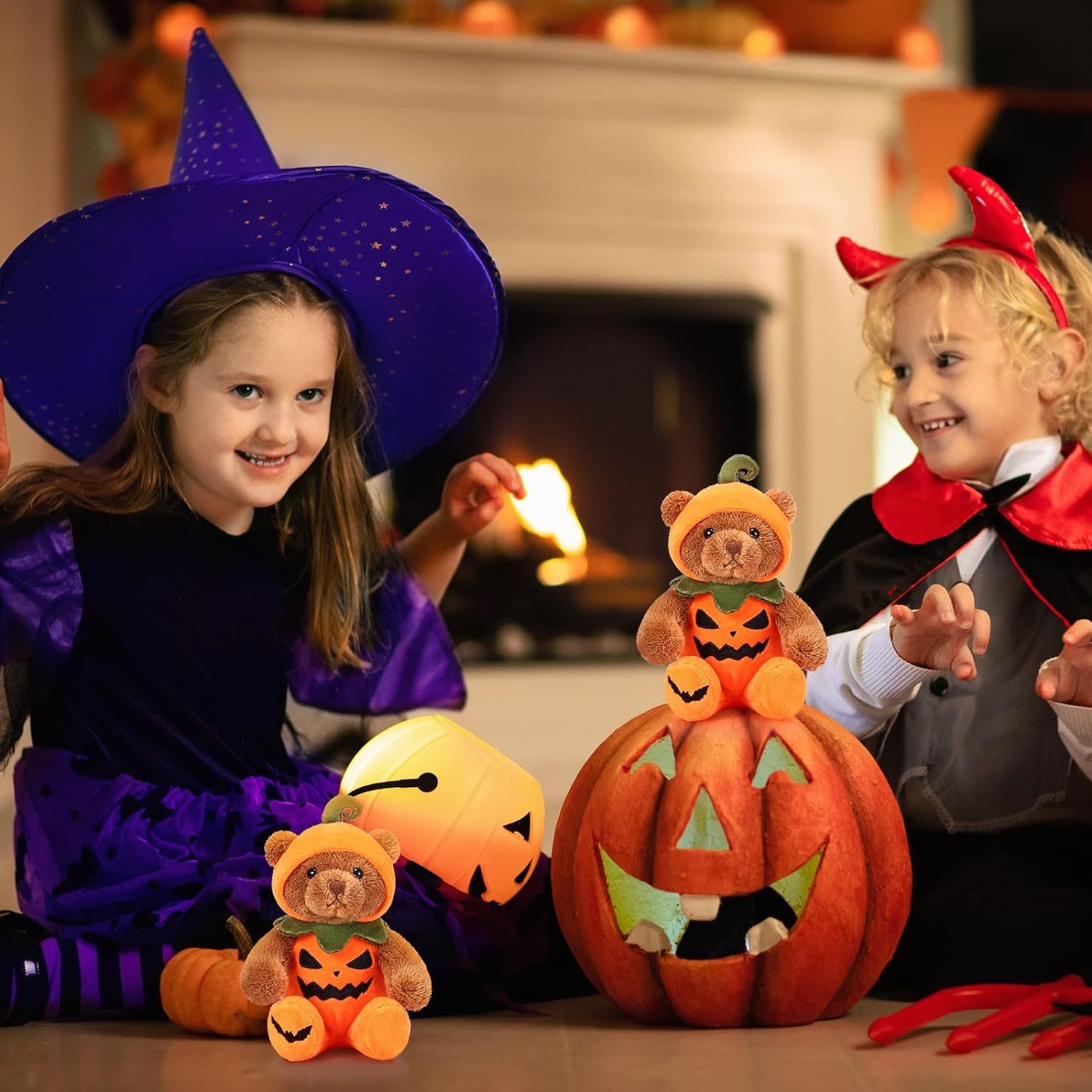 2 Pieces Halloween Theme Costume Cute Bear Plush Set 8 Inches (Pumpkin)
