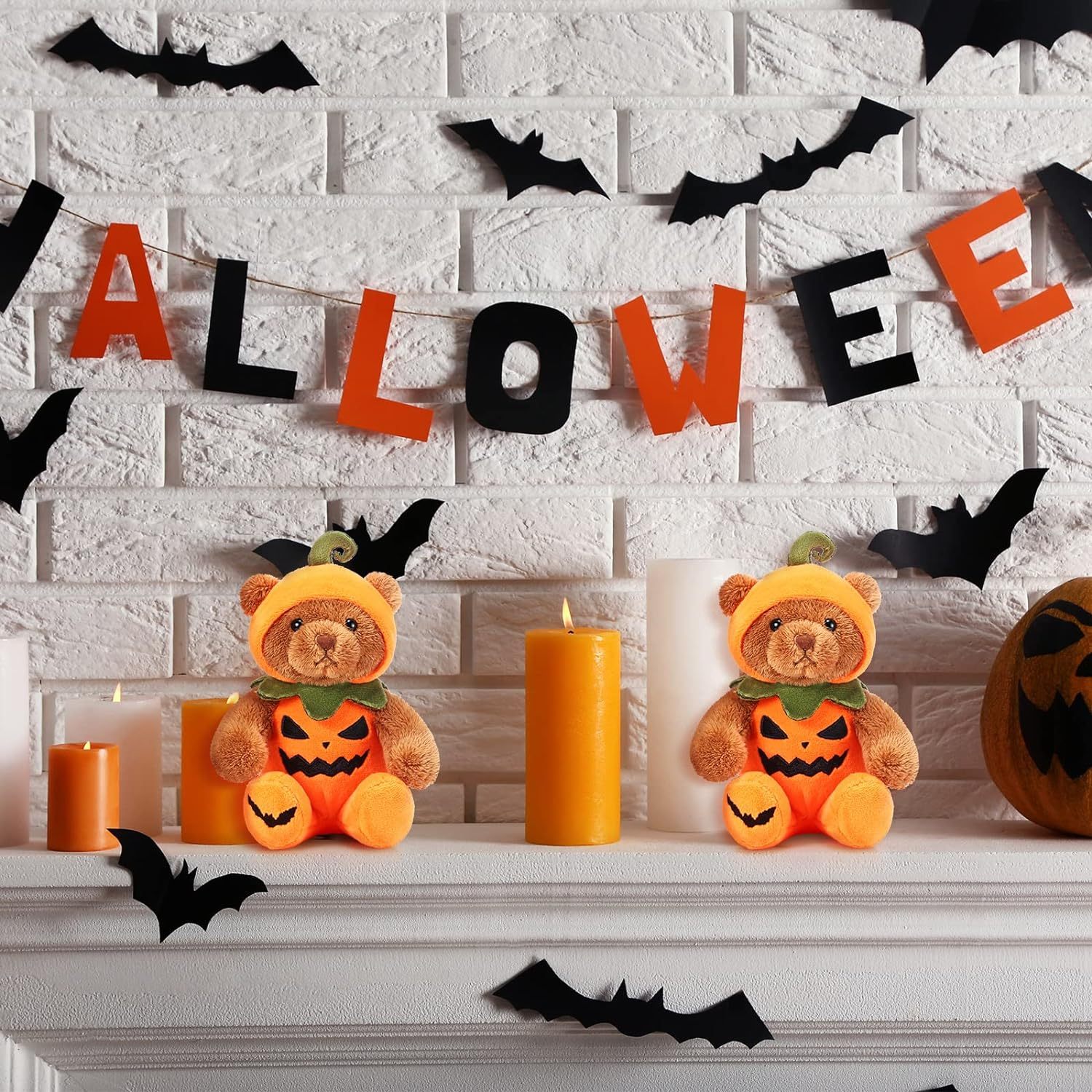 2 Pieces Halloween Theme Costume Cute Bear Plush Set 8 Inches (Pumpkin)