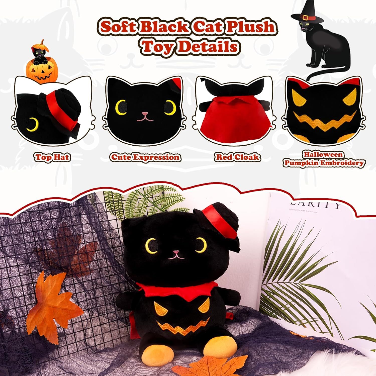 Cute Soft Halloween Black Cat Plush Animal Toy