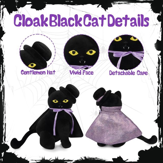 Halloween Black Cat Stuffed Animal Toys with Hat Cloak