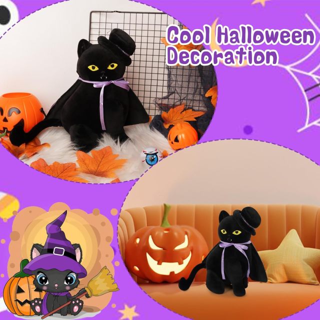 Halloween Black Cat Stuffed Animal Toys with Hat Cloak