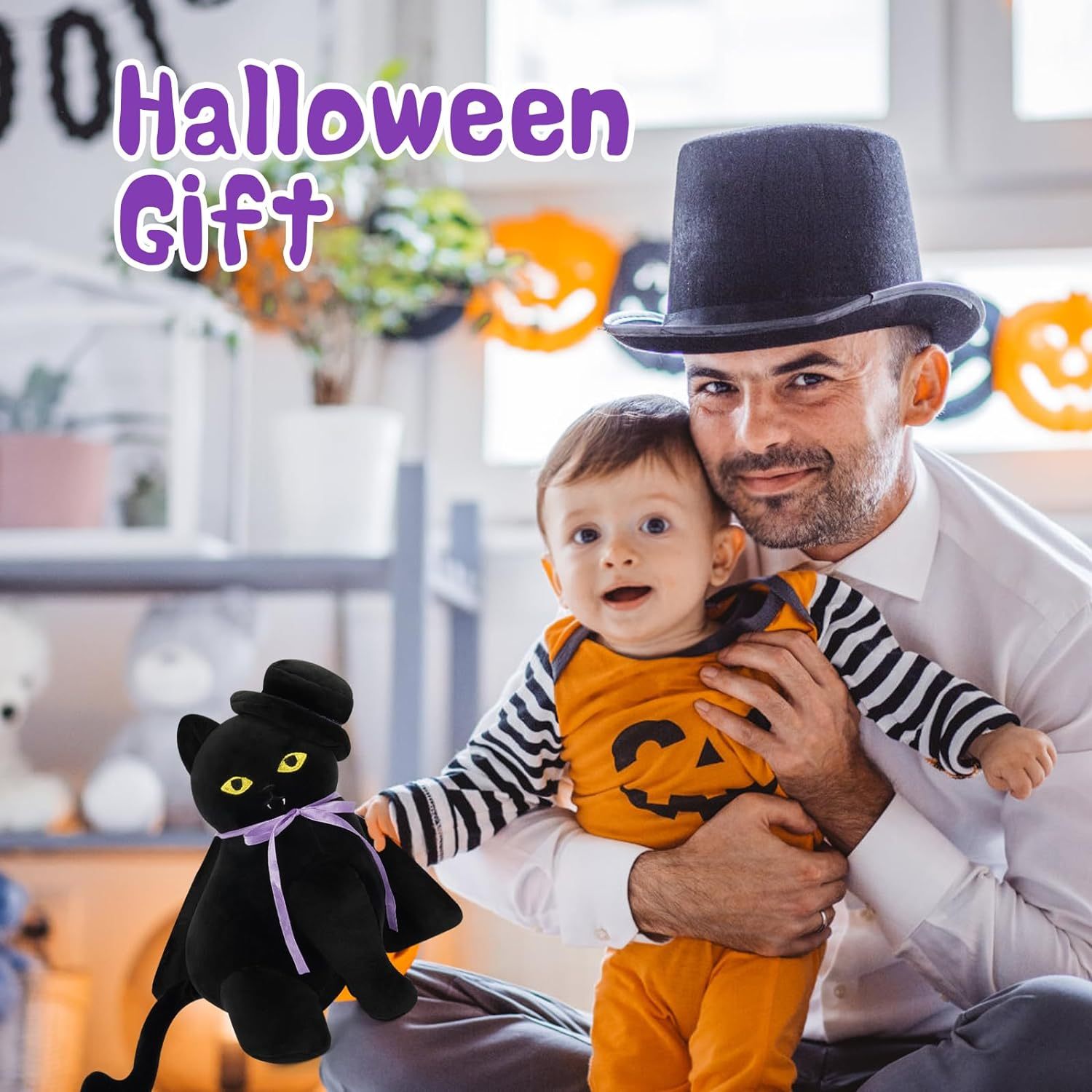 Halloween Black Cat Stuffed Animal Toys with Hat Cloak