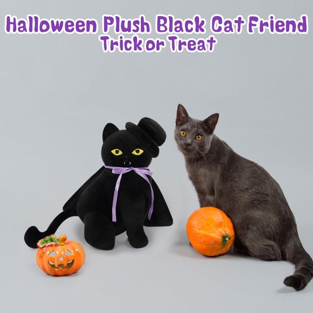 Halloween Black Cat Stuffed Animal Toys with Hat Cloak