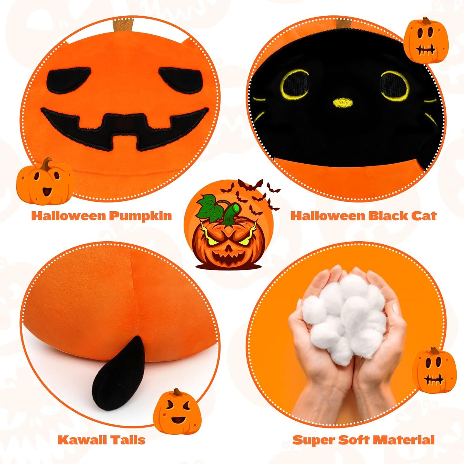8.5in Pumpkin Pillow Halloween Stuffed Animal Cat Plushies