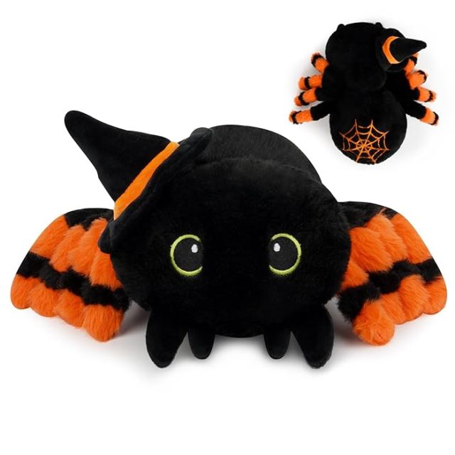 Halloween Cute Black Stuffed Animal Spider Plush Toys with Witch Hat
