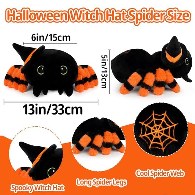 Halloween Cute Black Stuffed Animal Spider Plush Toys with Witch Hat