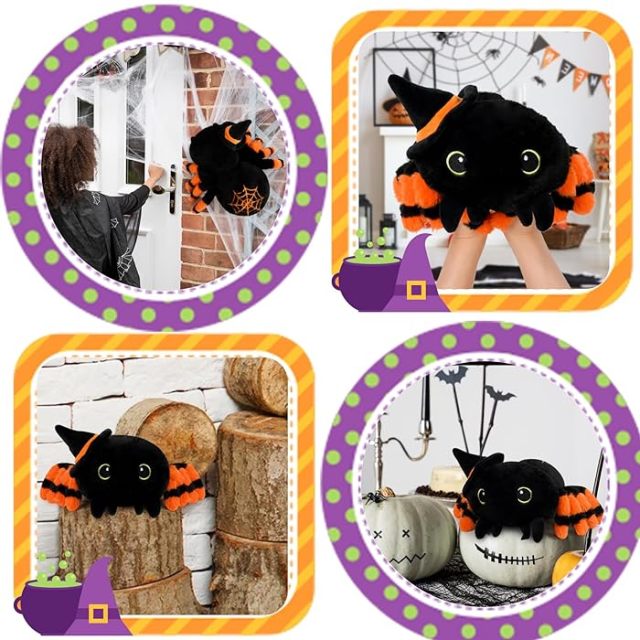 Halloween Cute Black Stuffed Animal Spider Plush Toys with Witch Hat