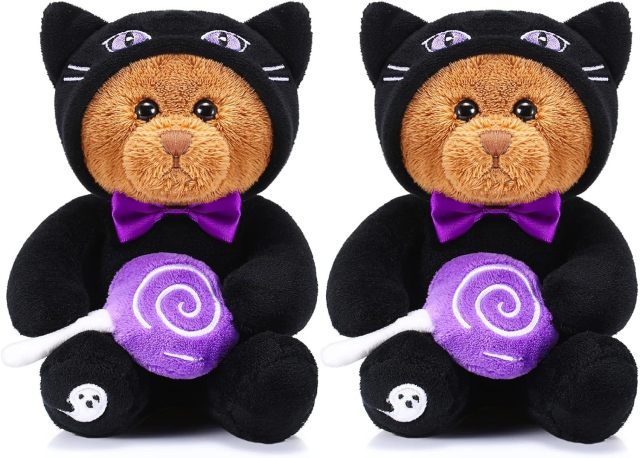 2 Pieces Bear Plush Set Halloween Party Decoration, 8 Inches (Spooky Black Cat)