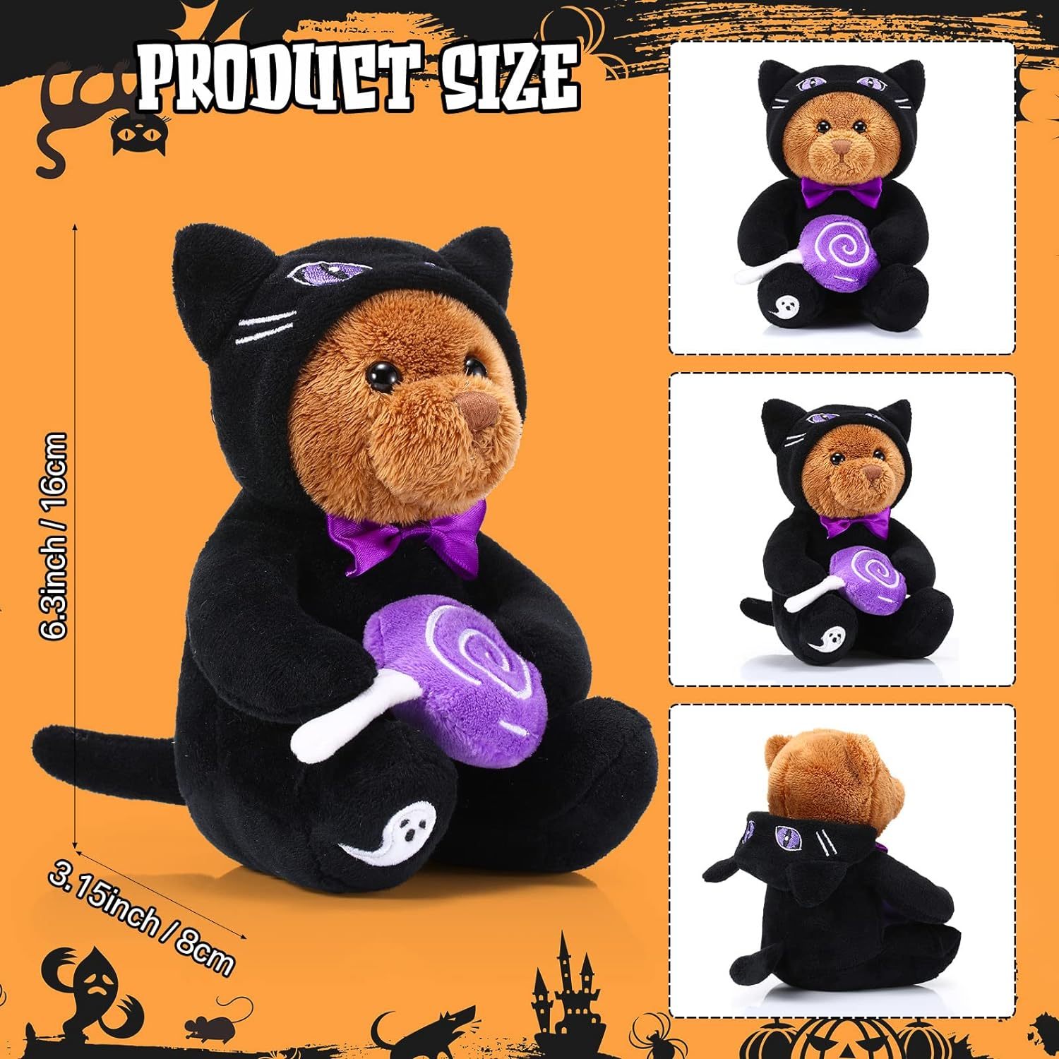 2 Pieces Bear Plush Set Halloween Party Decoration, 8 Inches (Spooky Black Cat)