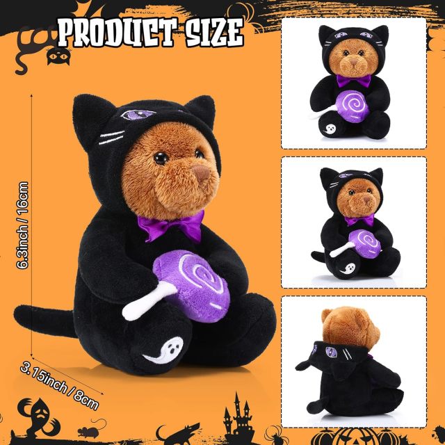 2 Pieces Bear Plush Set Halloween Party Decoration, 8 Inches (Spooky Black Cat)