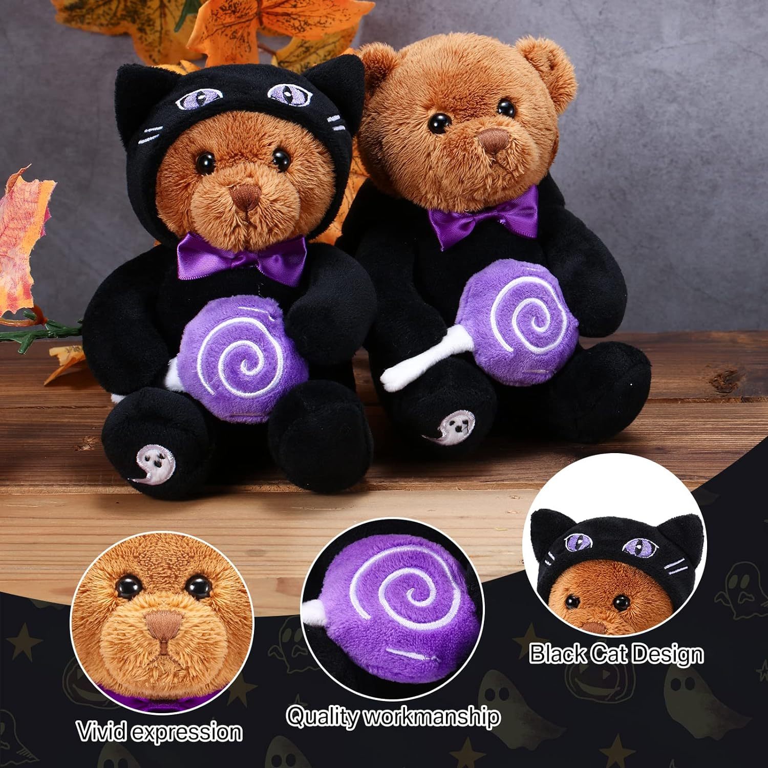 2 Pieces Bear Plush Set Halloween Party Decoration, 8 Inches (Spooky Black Cat)
