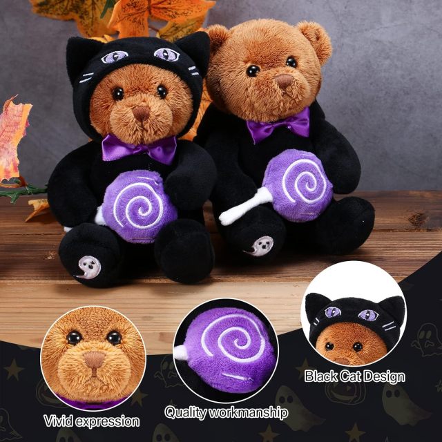 2 Pieces Bear Plush Set Halloween Party Decoration, 8 Inches (Spooky Black Cat)