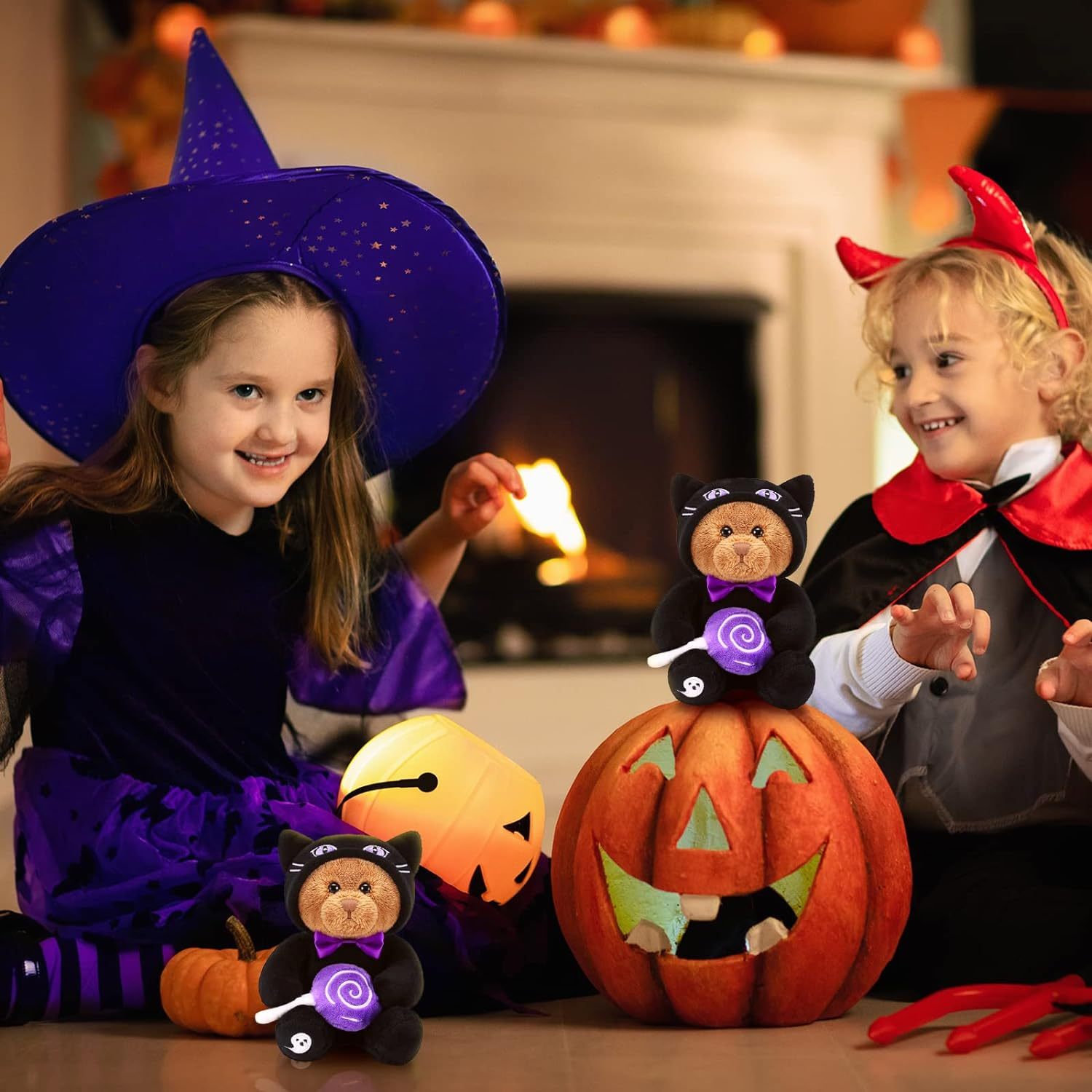 2 Pieces Bear Plush Set Halloween Party Decoration, 8 Inches (Spooky Black Cat)
