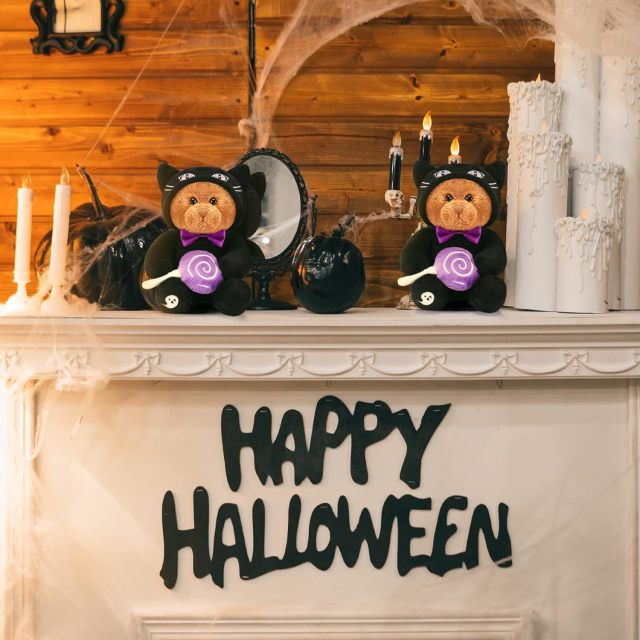 2 Pieces Bear Plush Set Halloween Party Decoration, 8 Inches (Spooky Black Cat)