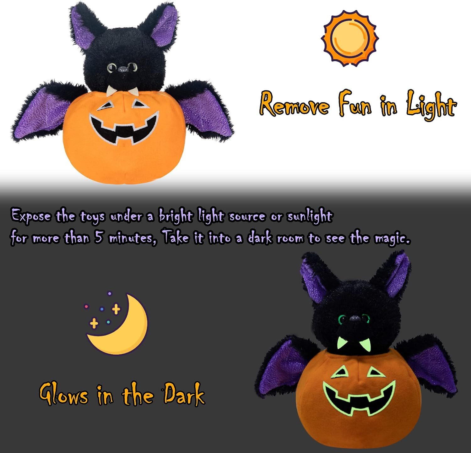 Stuffed Bat Plush Toy Pumpkins with Removable Bat Glow