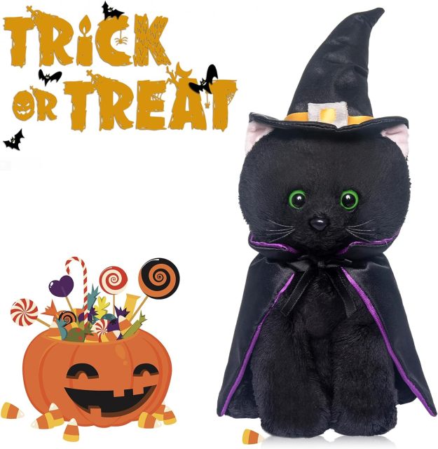 Black Cat Stuffed Animals Soft Plush Black Cat Toys with Witch Hat and Cloak 10 Inches
