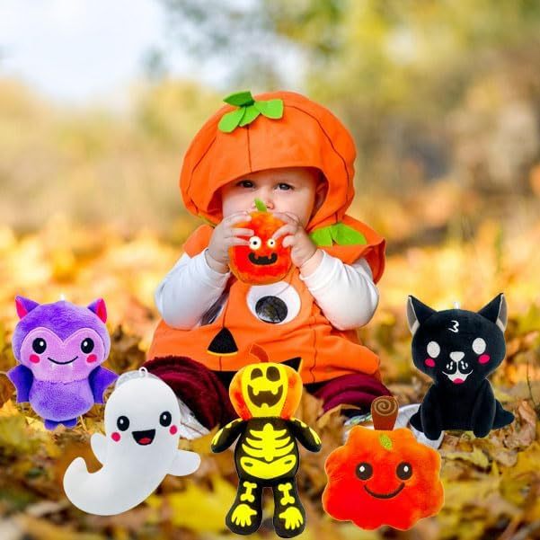 6 Pack Halloween Stuffed Plush Set Soft Pumpkin Toys Gift for Kids Girls Party Favors