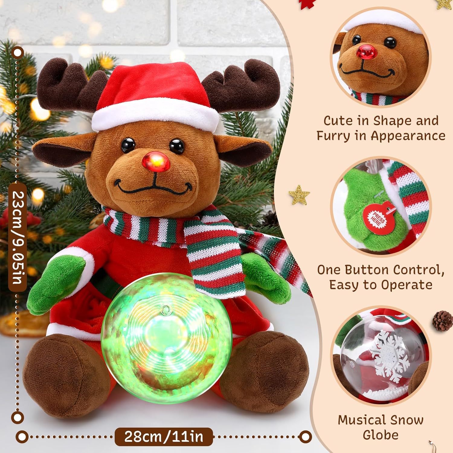 11 Inch Christmas Elk Plush Cuddly Toys with Snow Globe